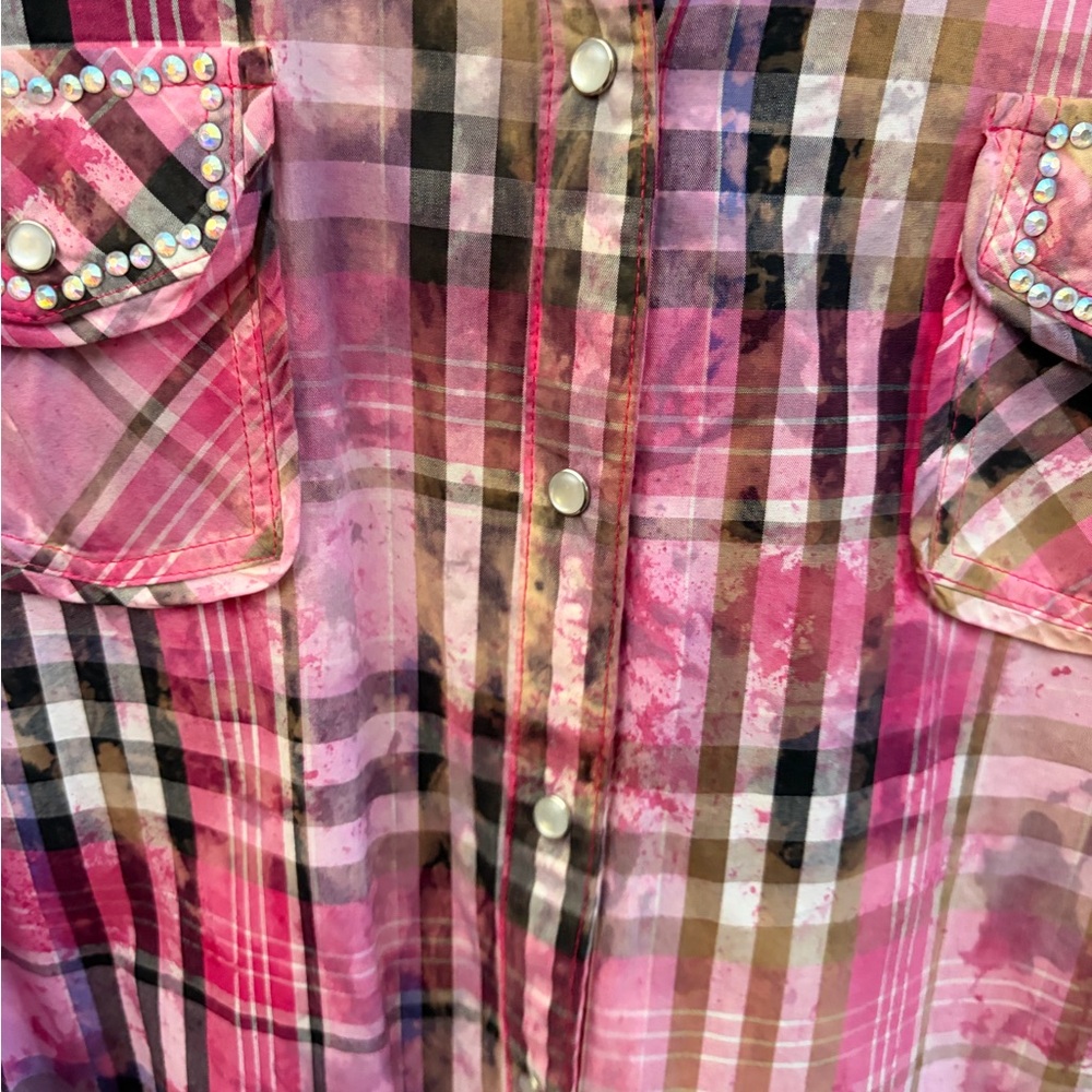A Rare Bird Handmade Plaid Rhinestone Western Pearl Snap Shirt Dress Size M/L - Picture 9 of 16